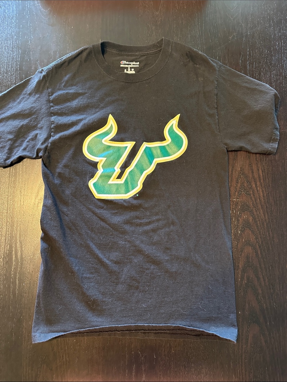 USF Champion Black Short-Sleeve Tee with Green & Gold Bull Logo - Picture 1 of 3